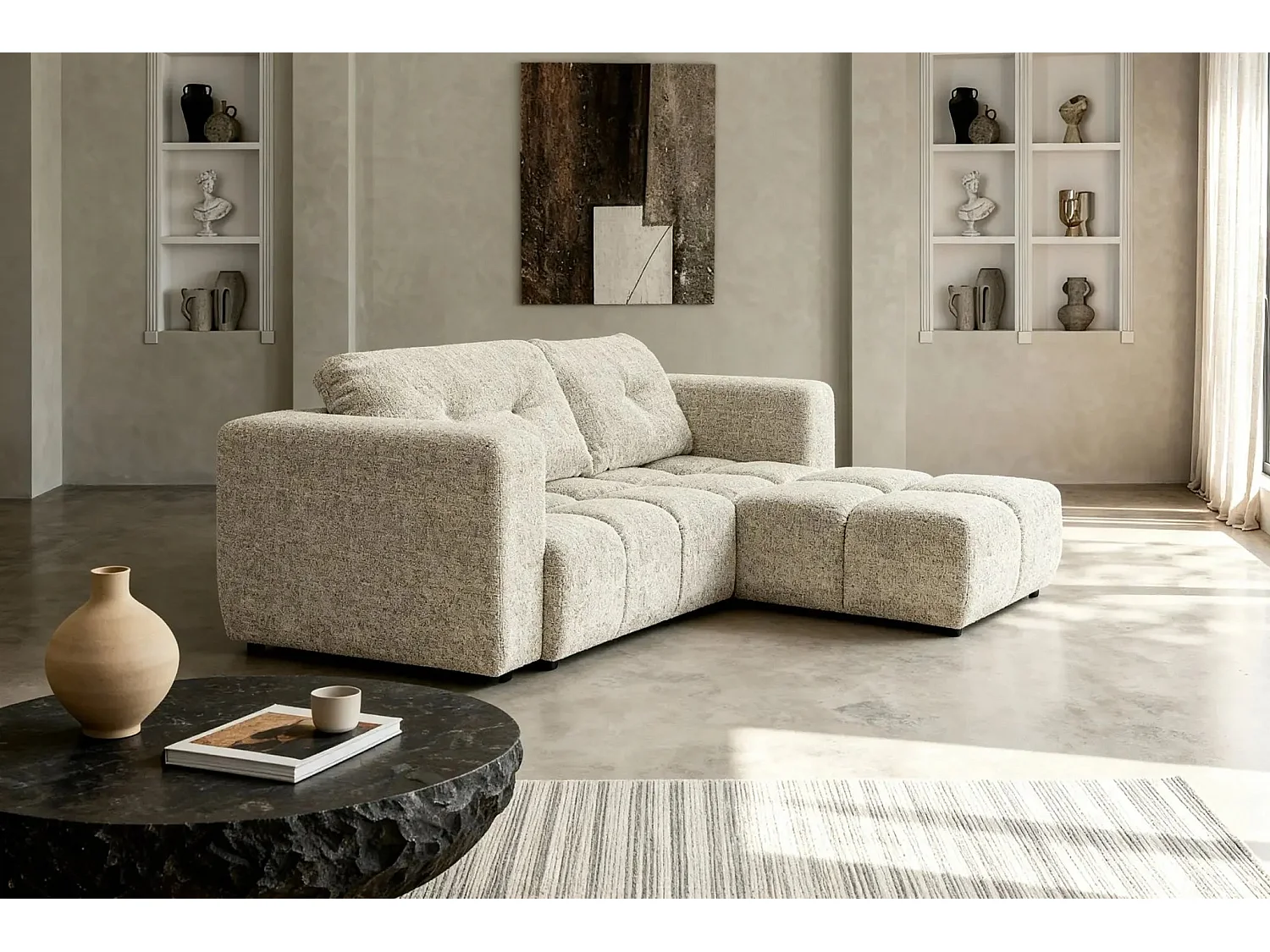 ROMY - Canapé d'angle convertible tissu chenille 3 places Beige