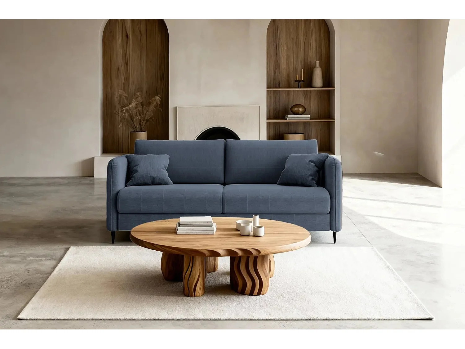VICKY II - Canapé droit convertible tissu lisse 2 places Bleu