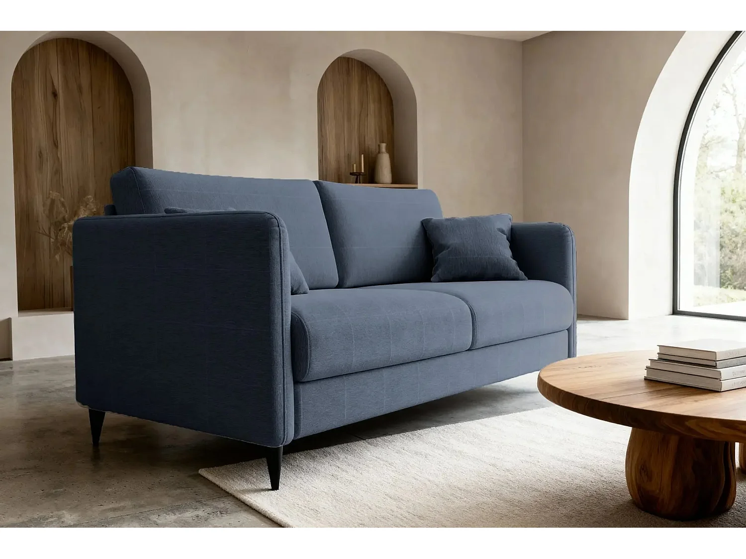 VICKY II - Canapé droit convertible tissu lisse 2 places Bleu