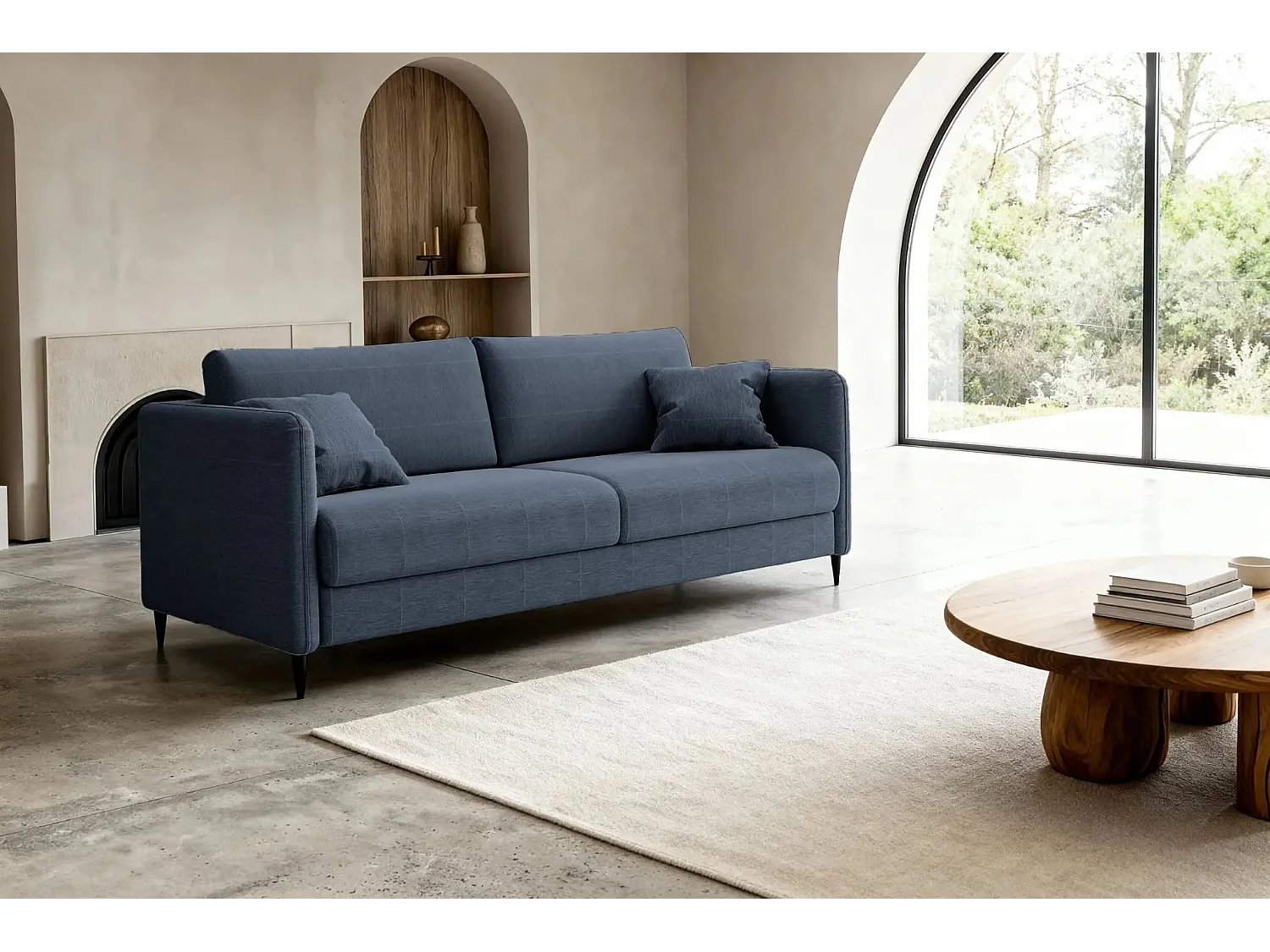 VICKY II - Canapé droit convertible tissu lisse 2 places Bleu