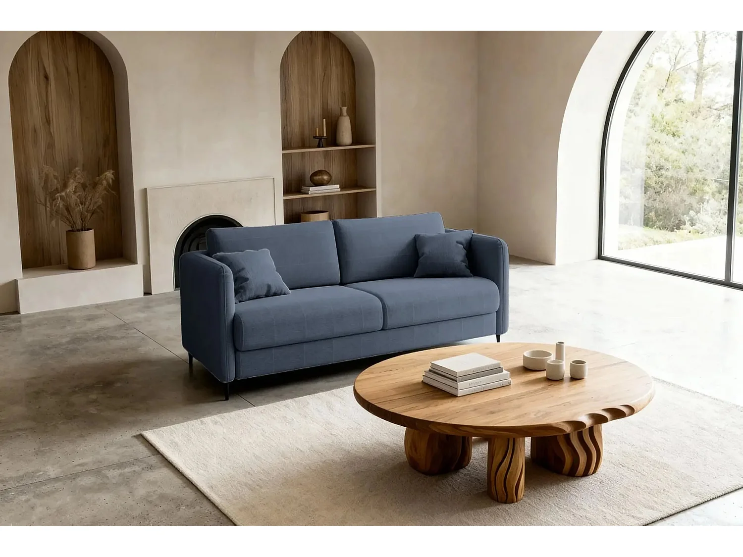 VICKY II - Canapé droit convertible tissu lisse 2 places Bleu