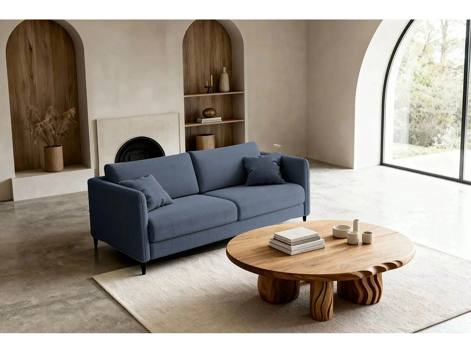 VICKY II - Canapé droit convertible tissu lisse 2 places Bleu