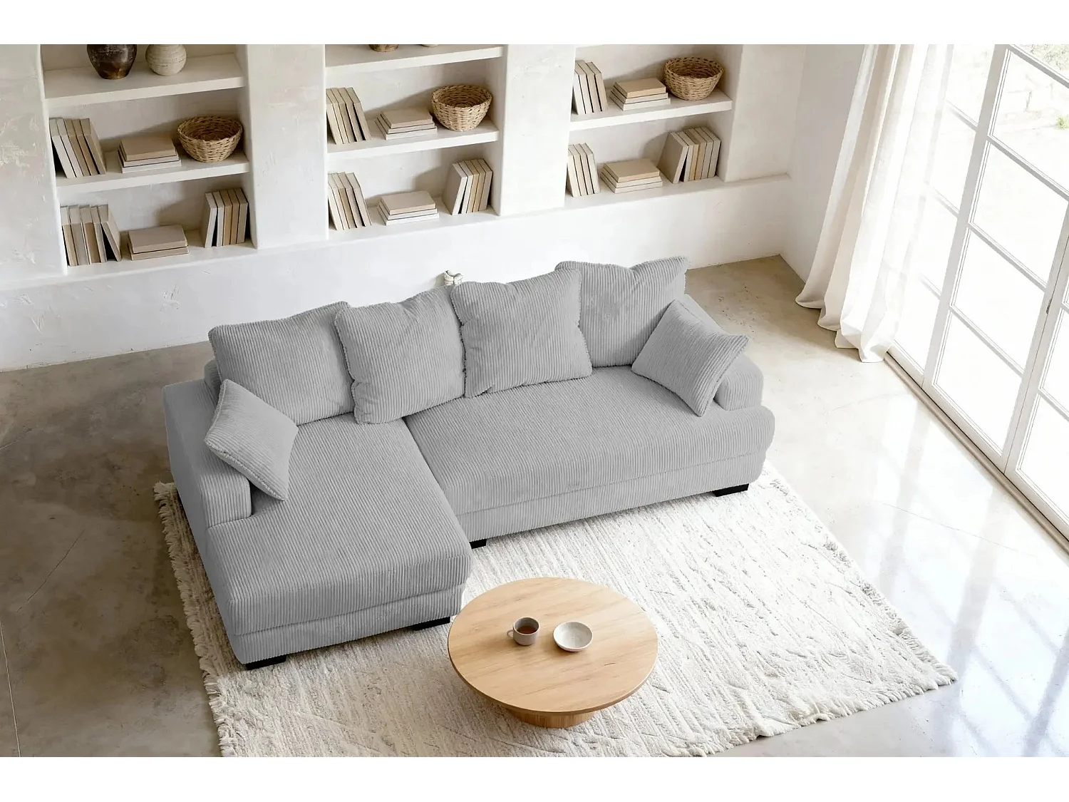 FAUSTINE - Canapé d'angle convertible velours côtelé 4 places Gris clair Gauche