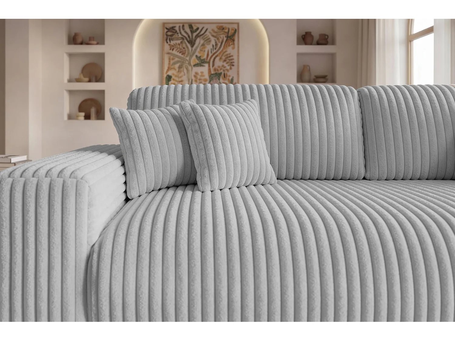 CAISA - Canapé droit convertible velours côtelé 4 places Gris clair