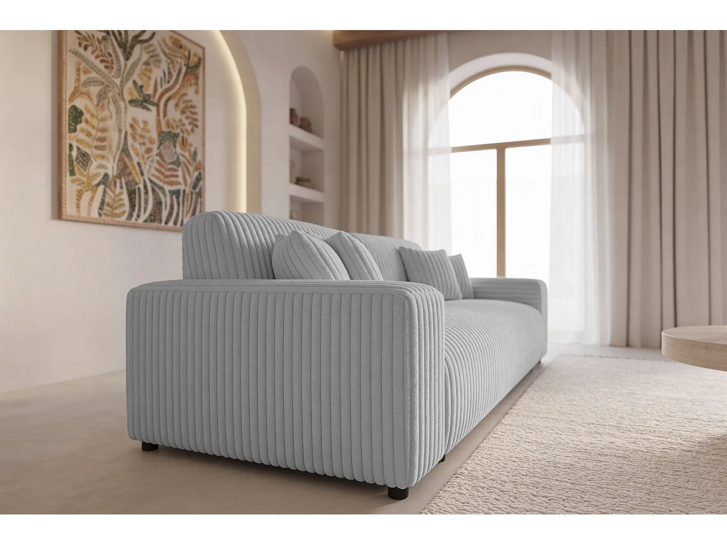 CAISA - Canapé droit convertible velours côtelé 4 places Gris clair