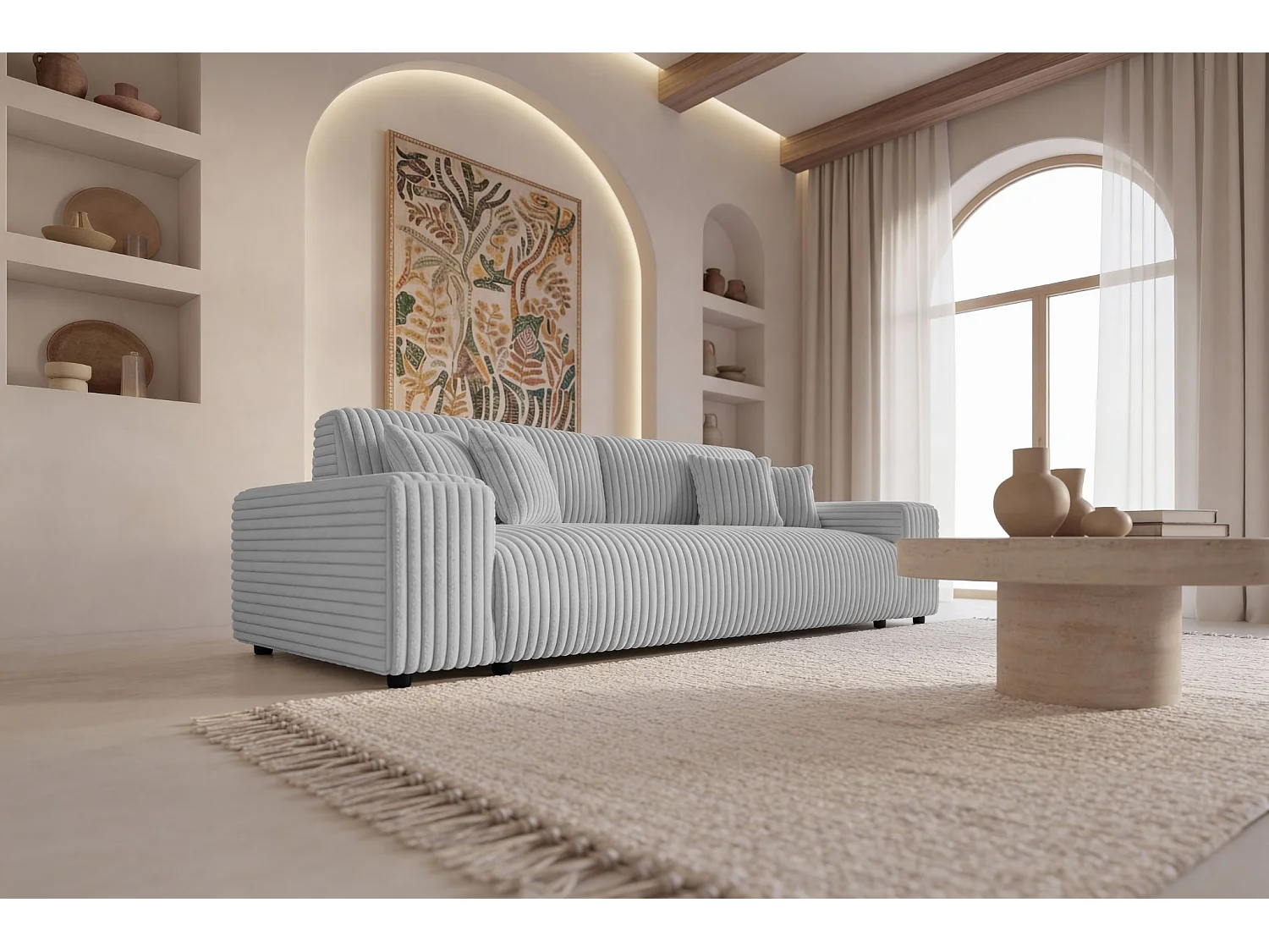 CAISA - Canapé droit convertible velours côtelé 4 places Gris clair