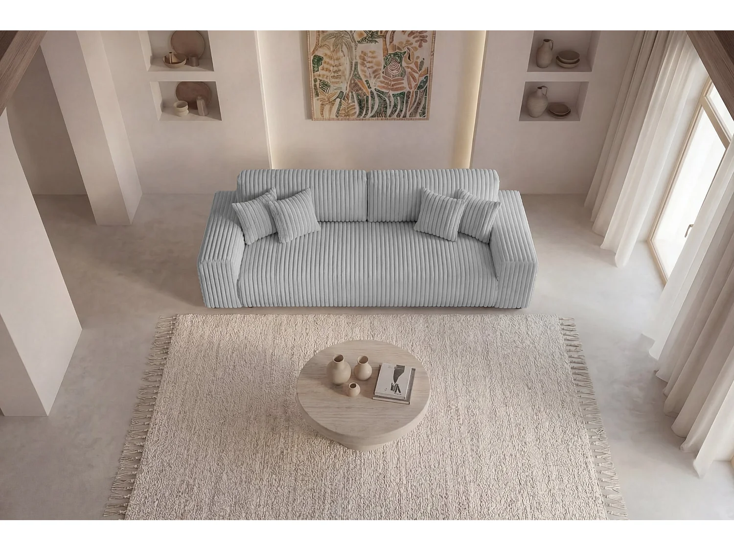 CAISA - Canapé droit convertible velours côtelé 4 places Gris clair