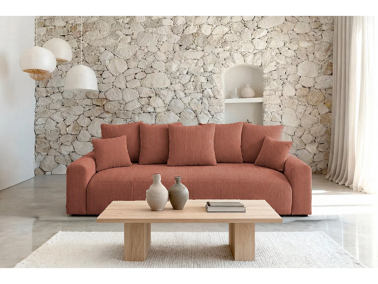 OLI - Canapé droit convertible petit velours côtelé Terracotta