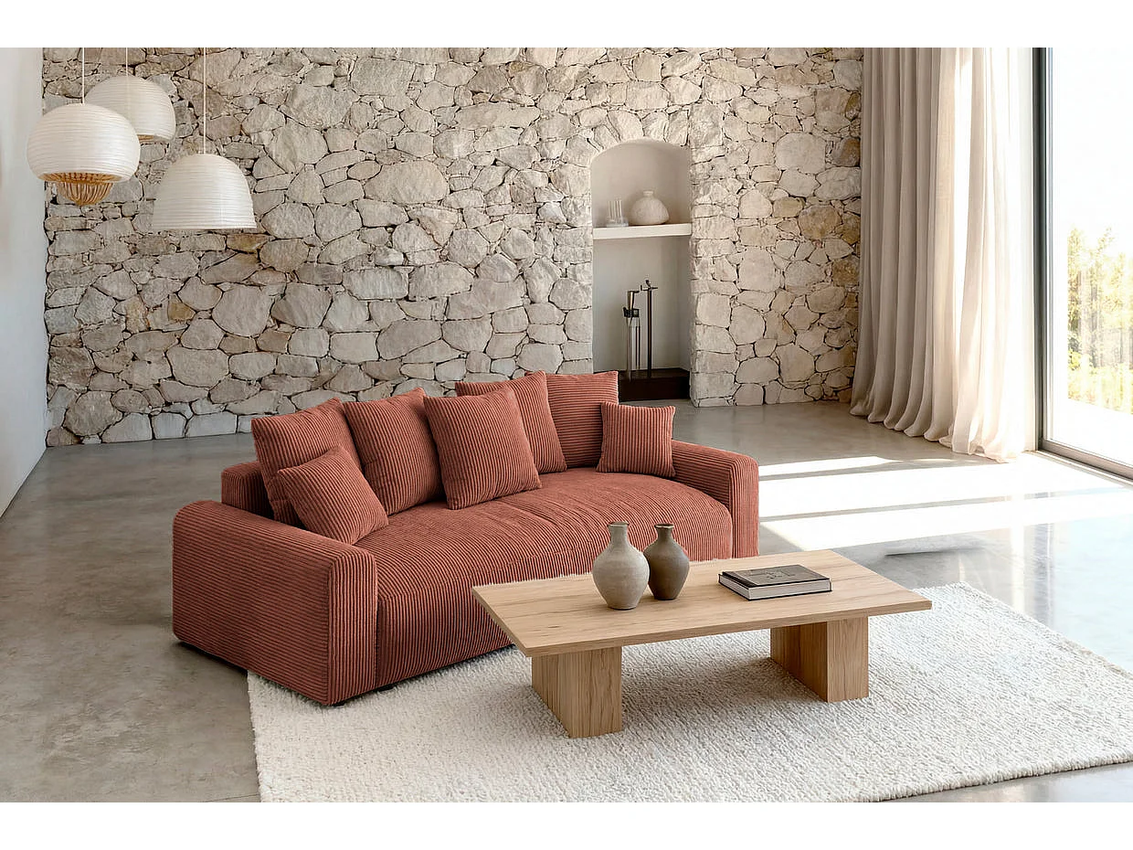 OLI - Canapé droit convertible petit velours côtelé Terracotta