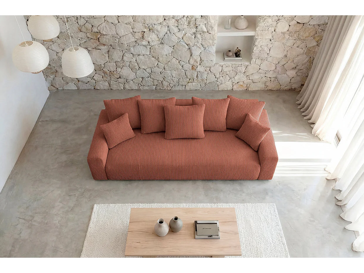 OLI - Canapé droit convertible petit velours côtelé Terracotta