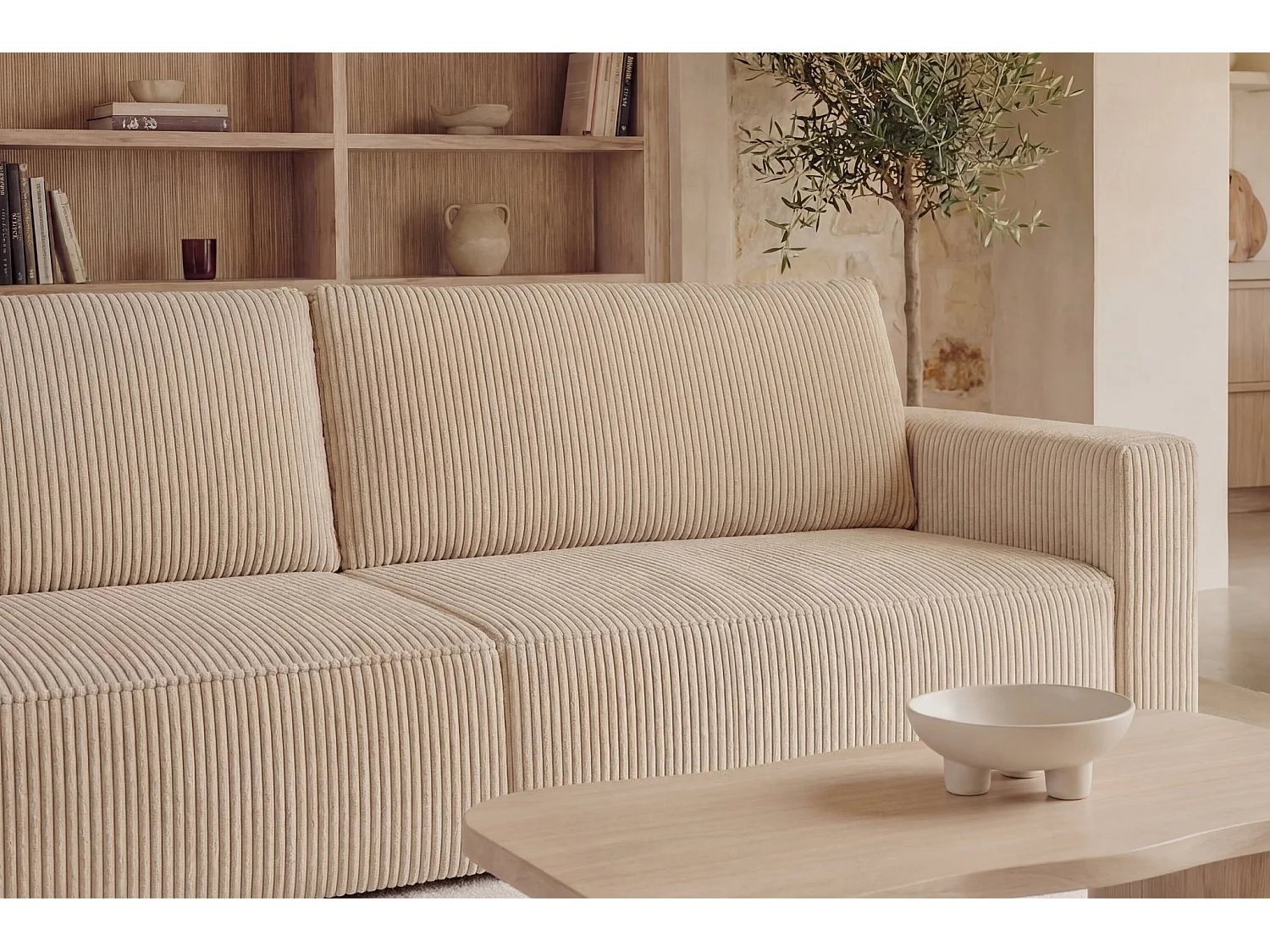 MAURIE - Canapé droit convertible petit velours côtelé 3 places - Beige
