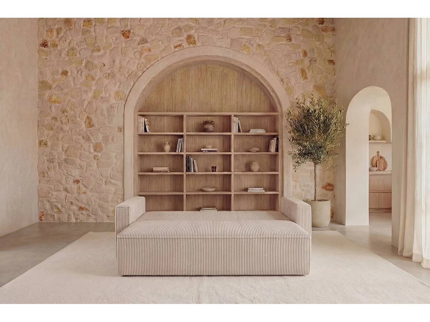 MAURIE - Canapé droit convertible petit velours côtelé 3 places - Beige