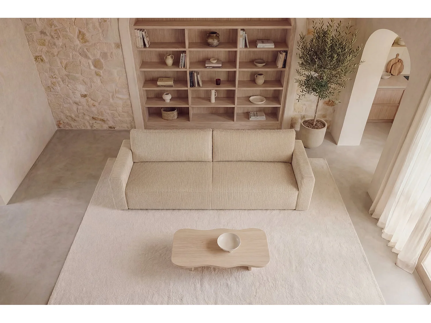 MAURIE - Canapé droit convertible petit velours côtelé 3 places - Beige