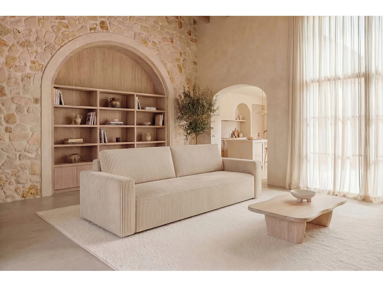 MAURIE - Canapé droit convertible petit velours côtelé 3 places - Beige