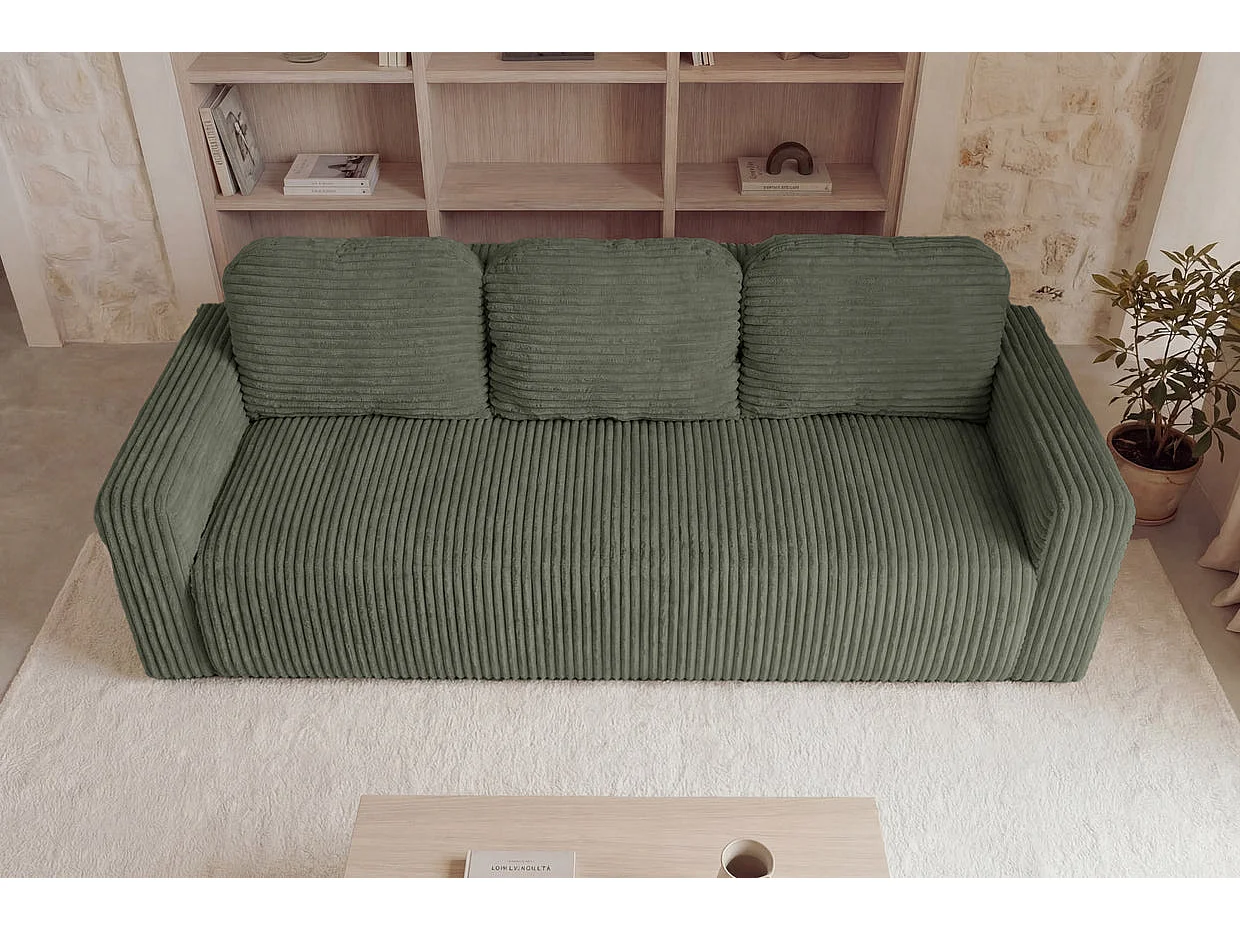 ELVIS - Canapé droit convertible gros velours côtelé 3 places Vert