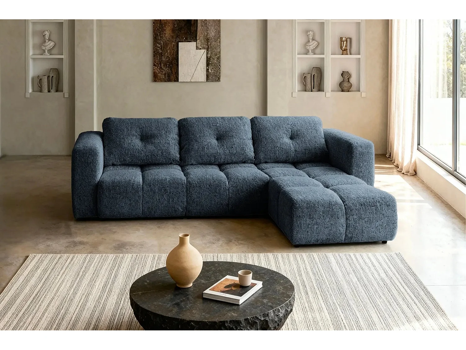 ROMY 4 PLACES - 4-zits hoekbank in chenille stof - Blauw