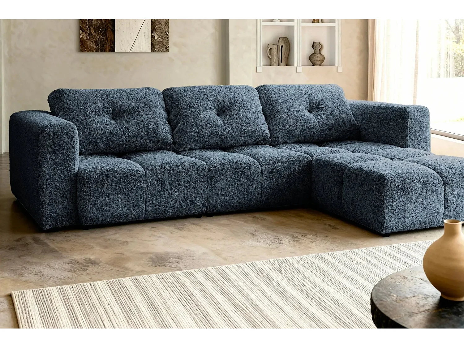 ROMY 4 PLACES - 4-zits hoekbank in chenille stof - Blauw