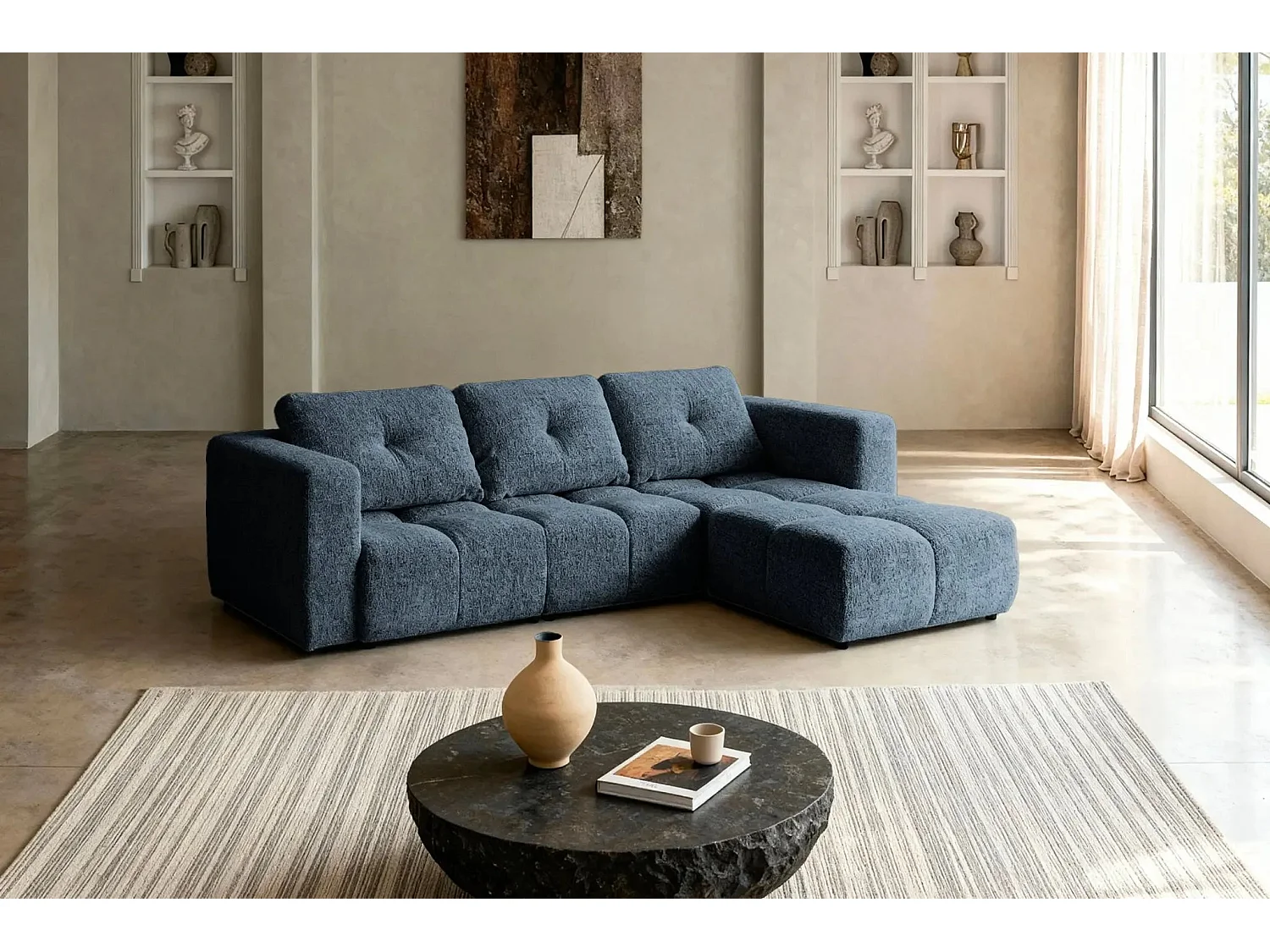 ROMY 4 PLACES - 4-zits hoekbank in chenille stof - Blauw