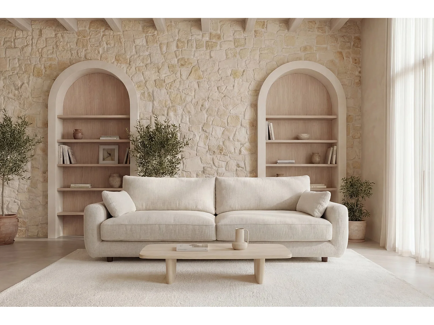 STELLA - Canapé droit convertible tissu chenille 3 places Beige