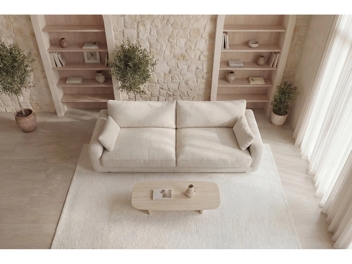 STELLA - Canapé droit convertible tissu chenille 3 places Beige