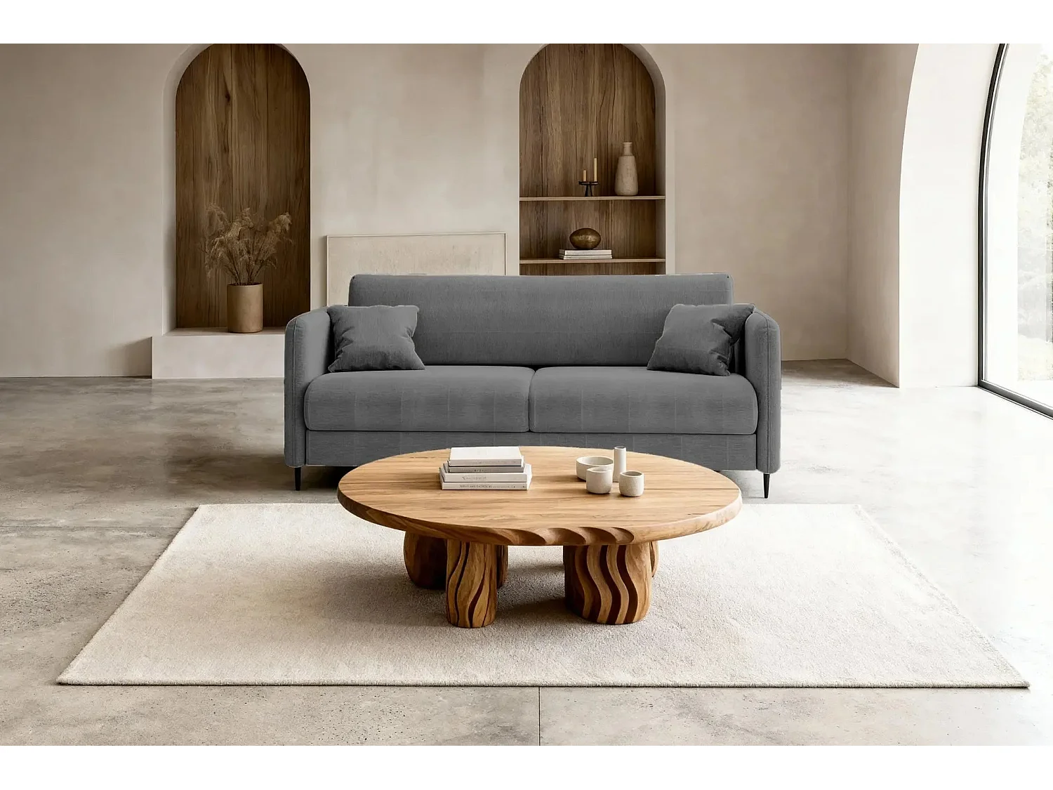 VICKY - Canapé droit convertible tissu lisse 2 places Gris foncé