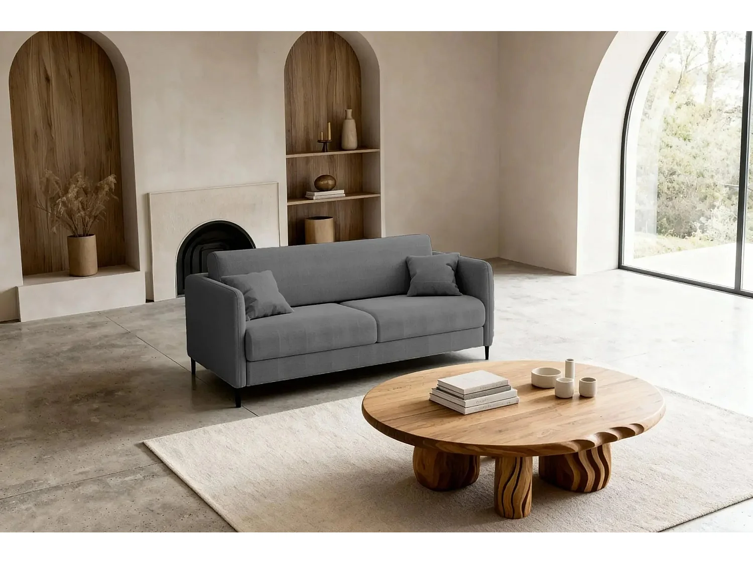 VICKY - Canapé droit convertible tissu lisse 2 places Gris foncé
