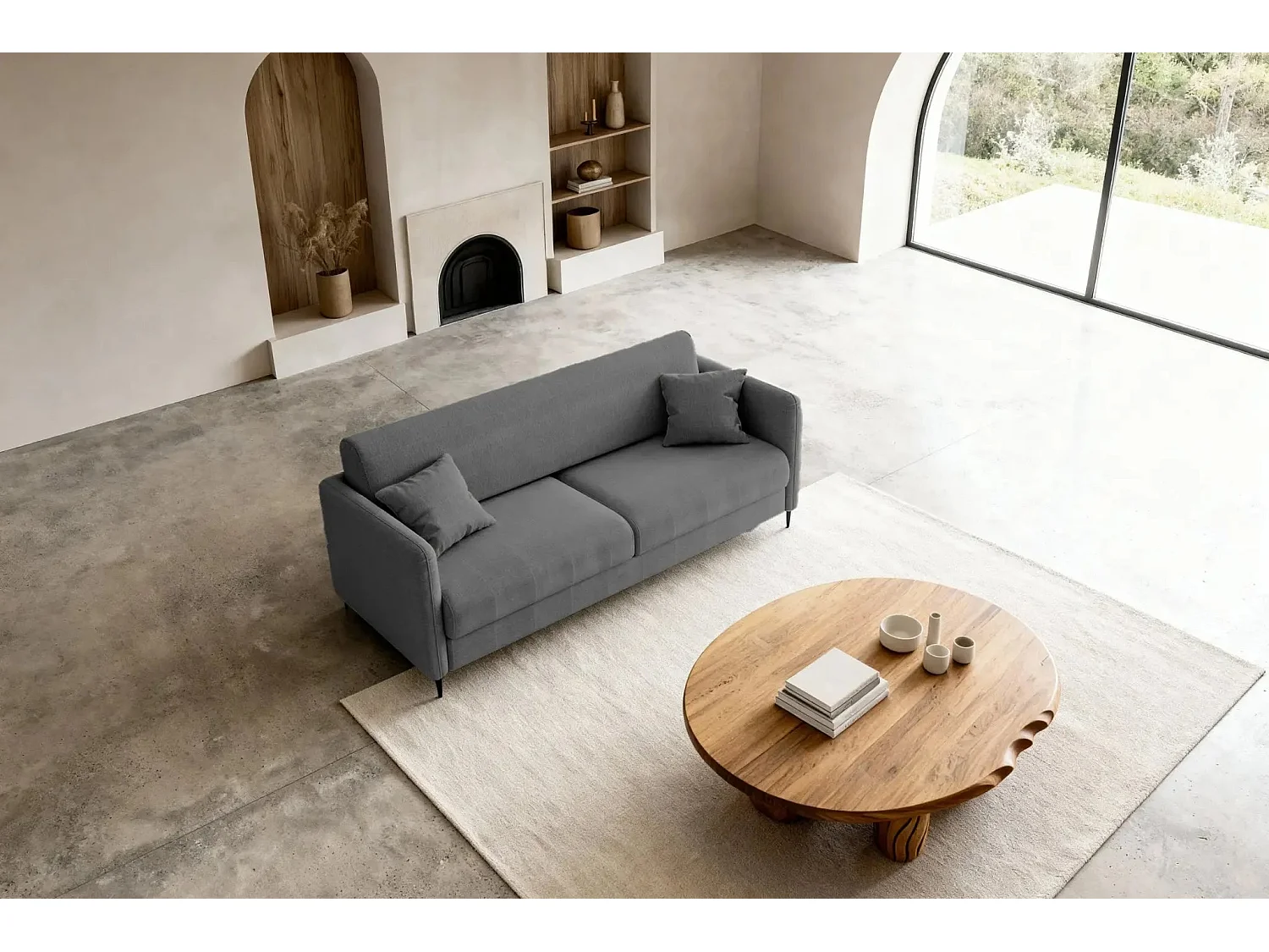 VICKY - Canapé droit convertible tissu lisse 2 places Gris foncé