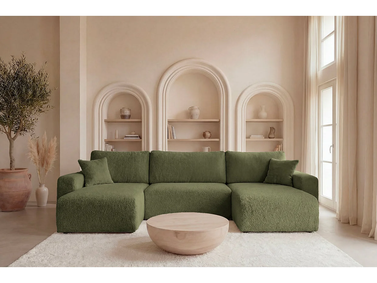 JELLA - Canapé panoramique convertible tissu bouclette Vert