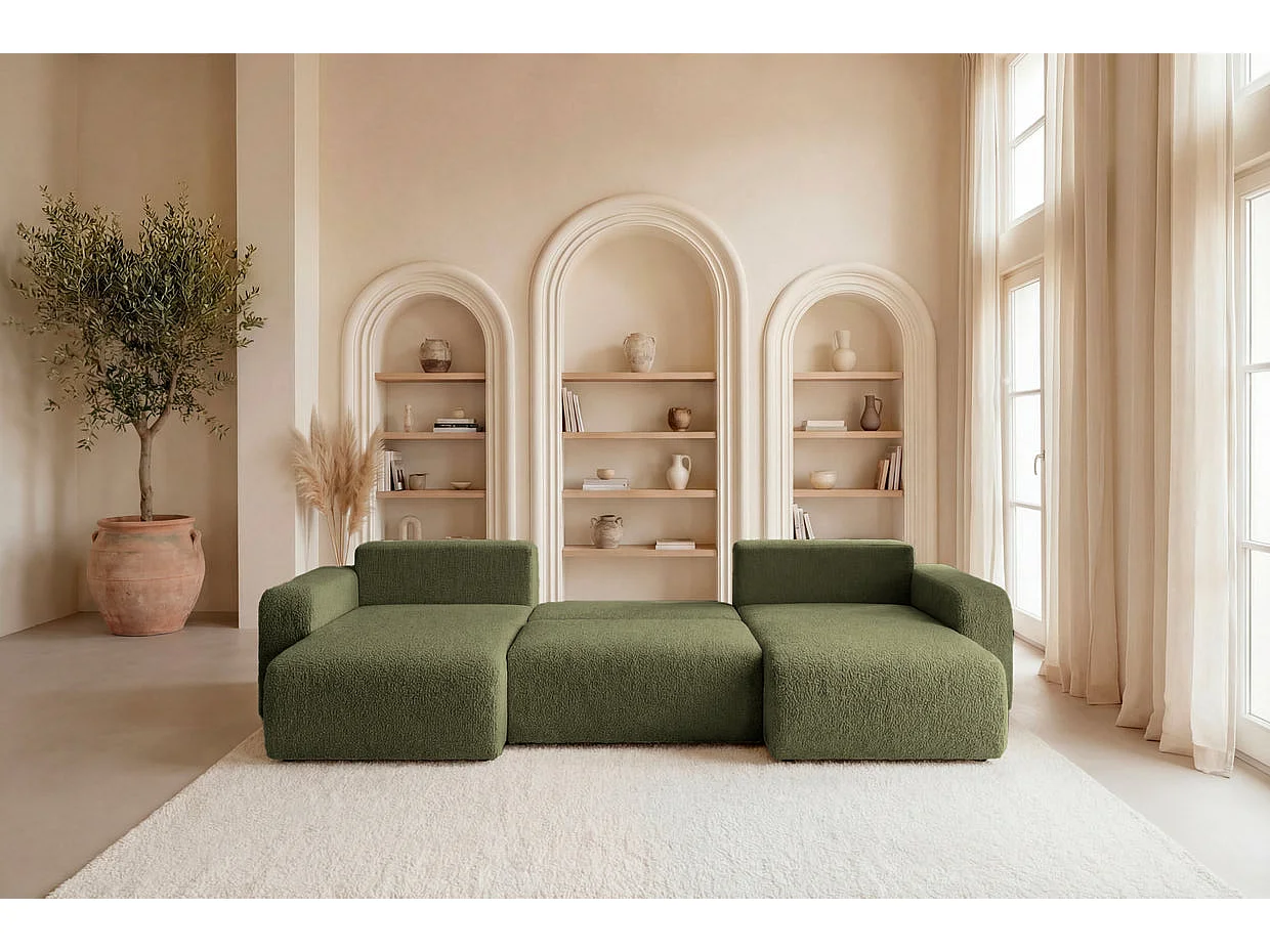 JELLA - Canapé panoramique convertible tissu bouclette Vert