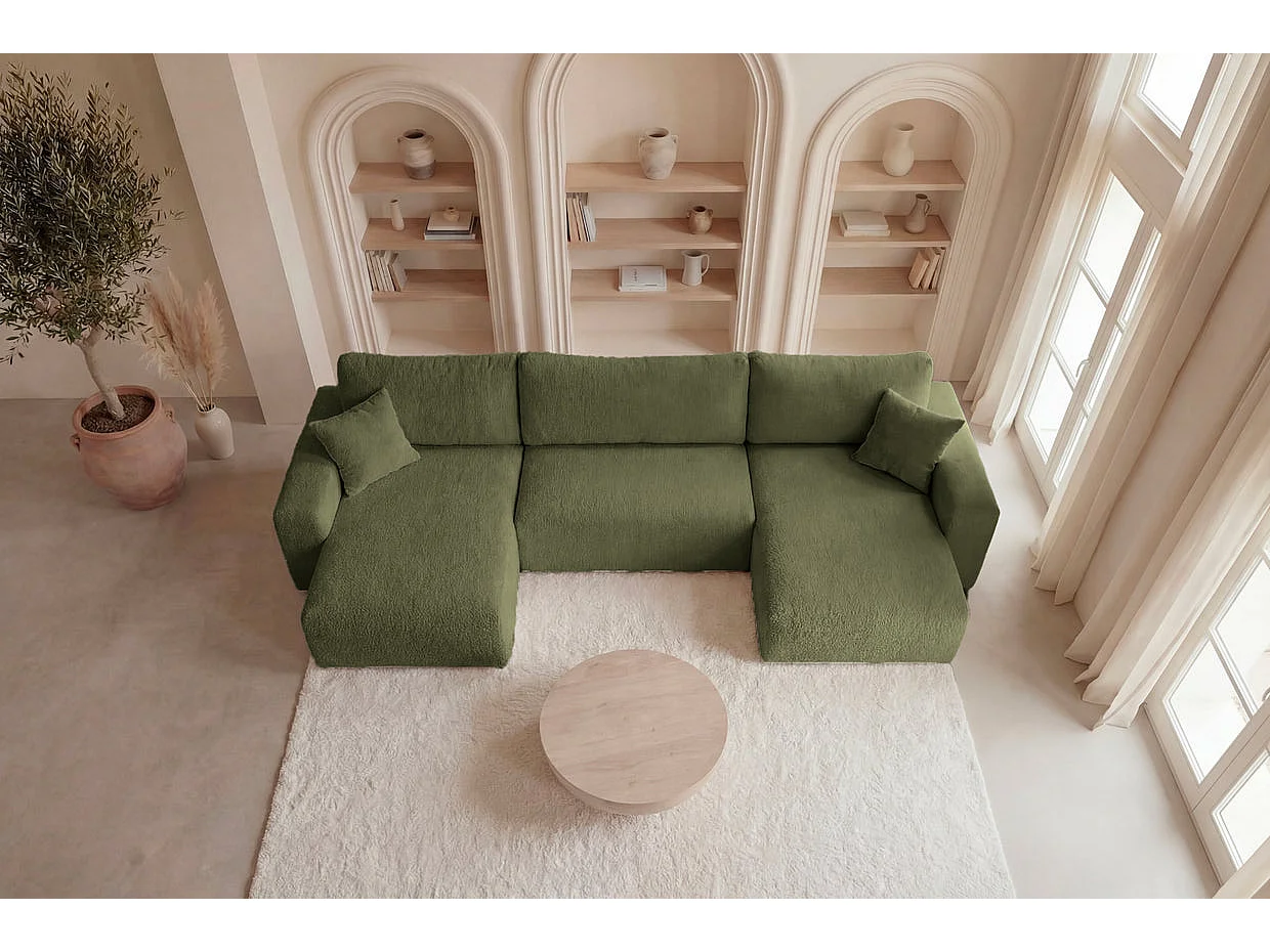 JELLA - Canapé panoramique convertible tissu bouclette Vert