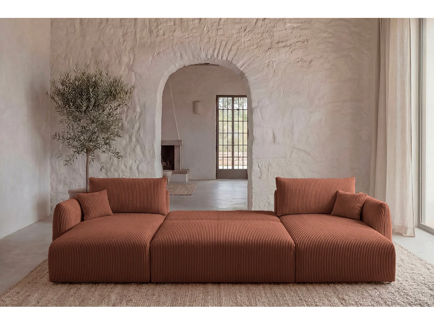 ELIO - Panoramische slaapbank in klein ribfluweel, 5 zits - Terracotta