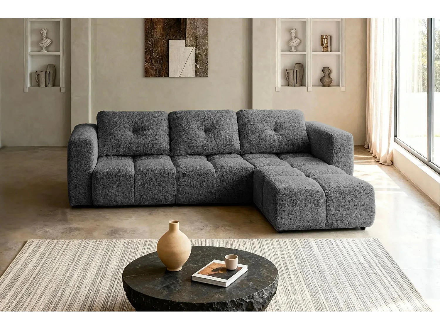 ROMY - Canapé d'angle convertible tissu chenille 4 places Gris foncé