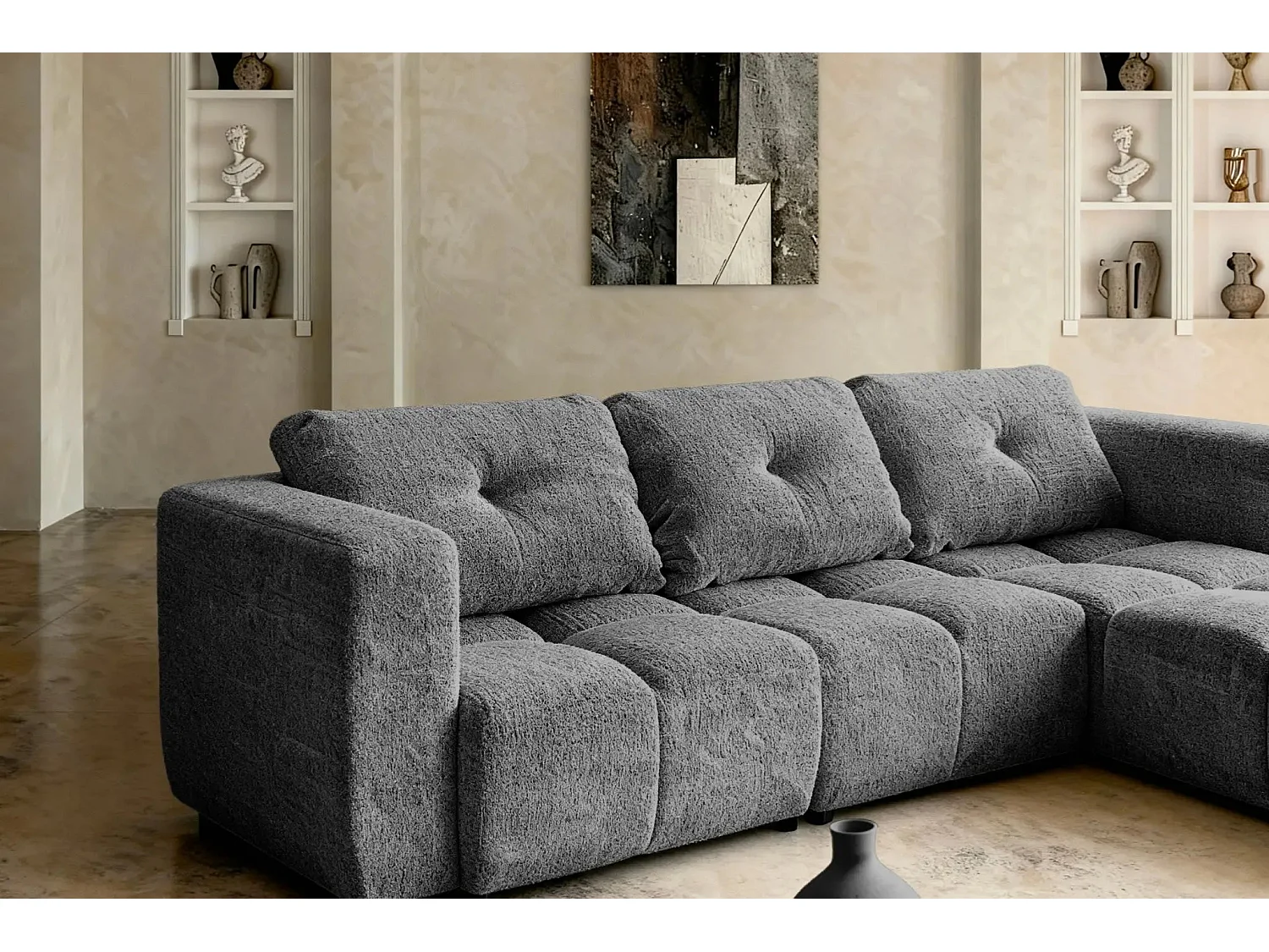 ROMY - Canapé d'angle convertible tissu chenille 4 places Gris foncé