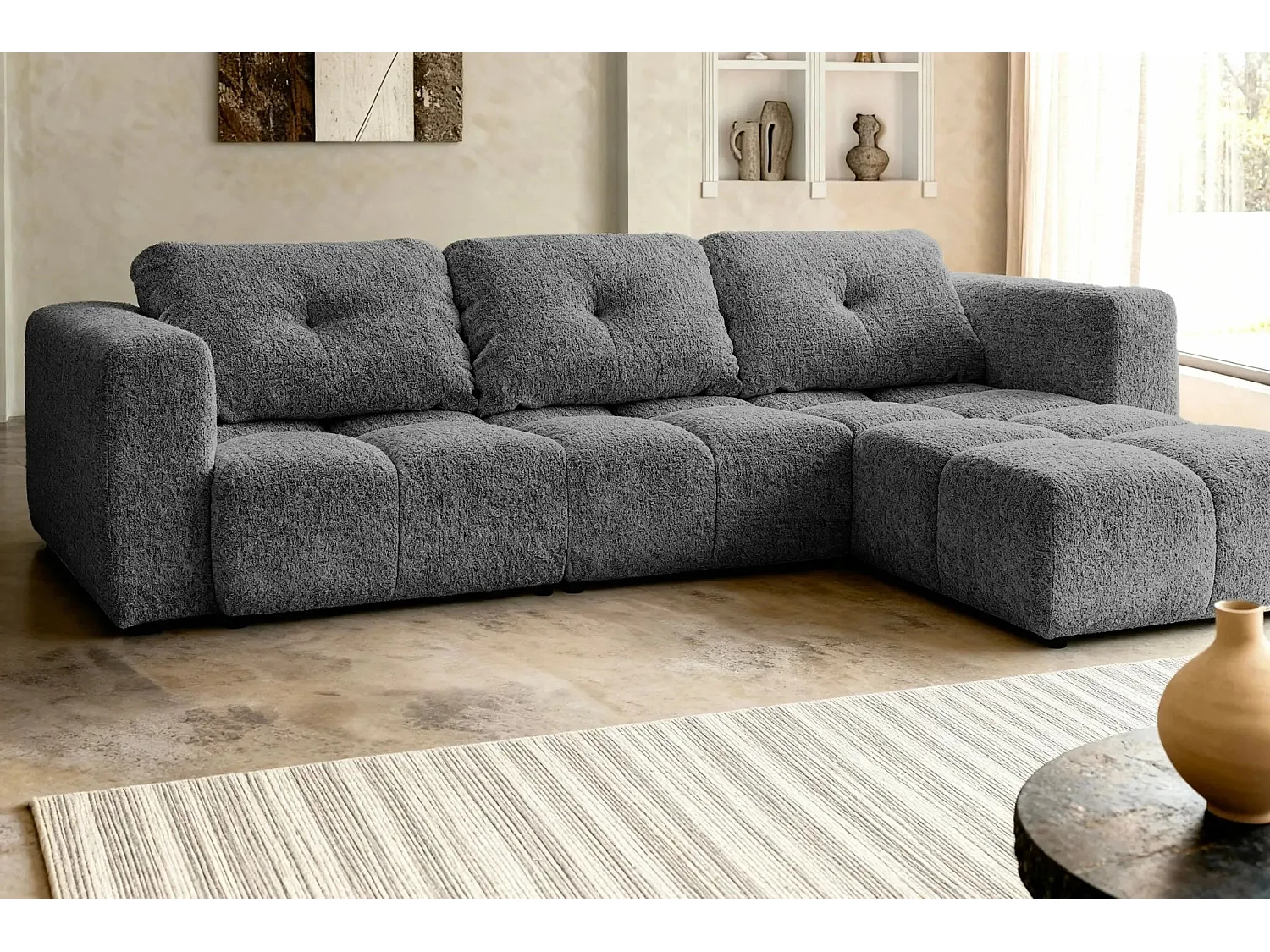 ROMY - Canapé d'angle convertible tissu chenille 4 places Gris foncé