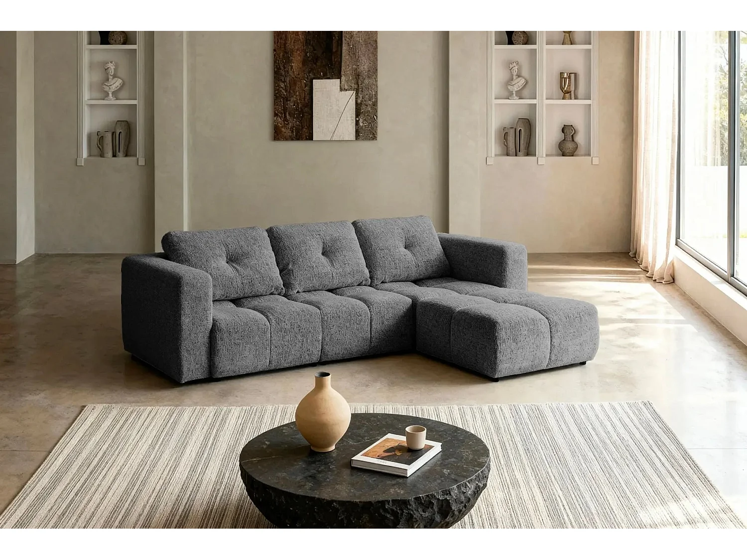 ROMY - Canapé d'angle convertible tissu chenille 4 places Gris foncé