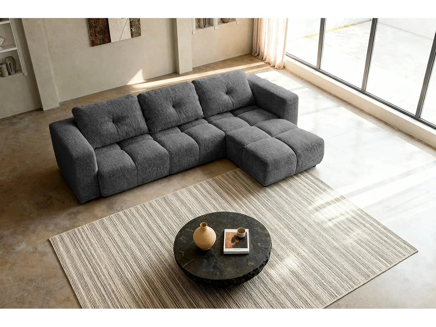 ROMY - Canapé d'angle convertible tissu chenille 4 places Gris foncé