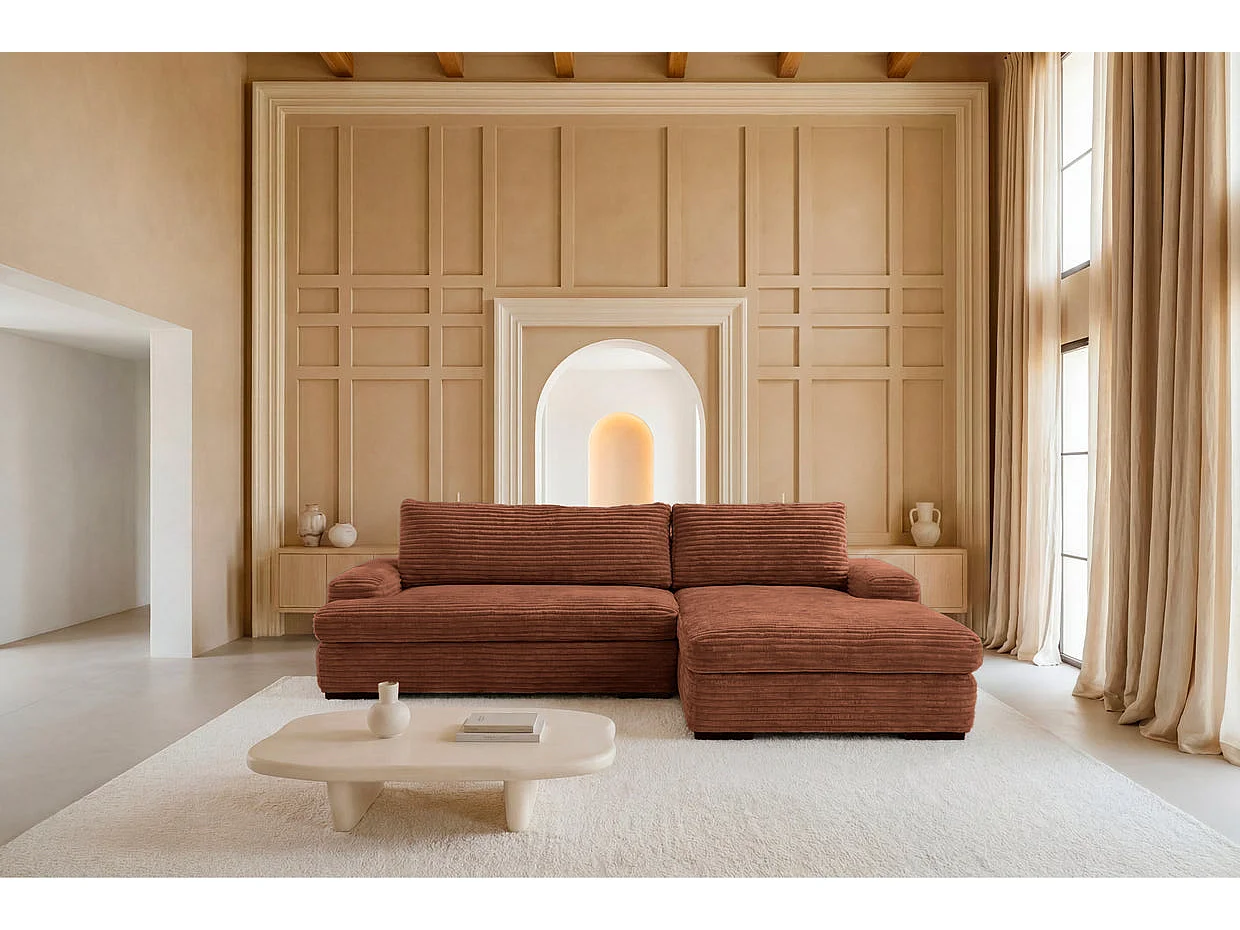 ODILON - Canapé d'angle convertible gros velours côtelé Terracotta Droit