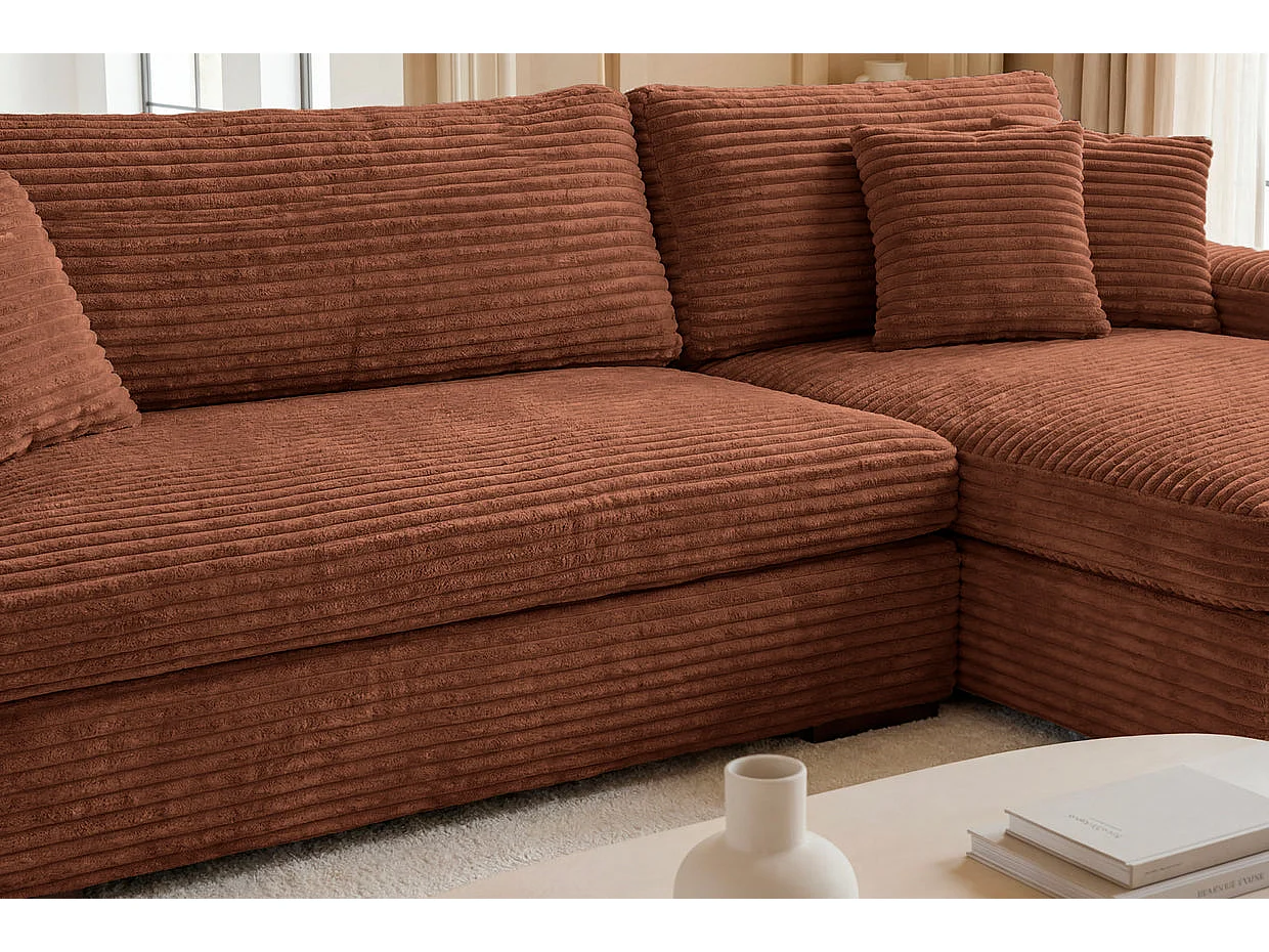 ODILON - Canapé d'angle convertible gros velours côtelé Terracotta Droit