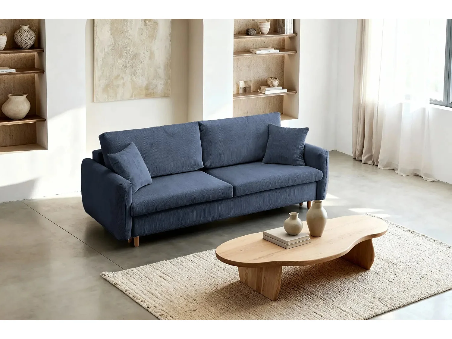 LUMIE - Canapé droit convertible velours côtelé 2 places Bleu