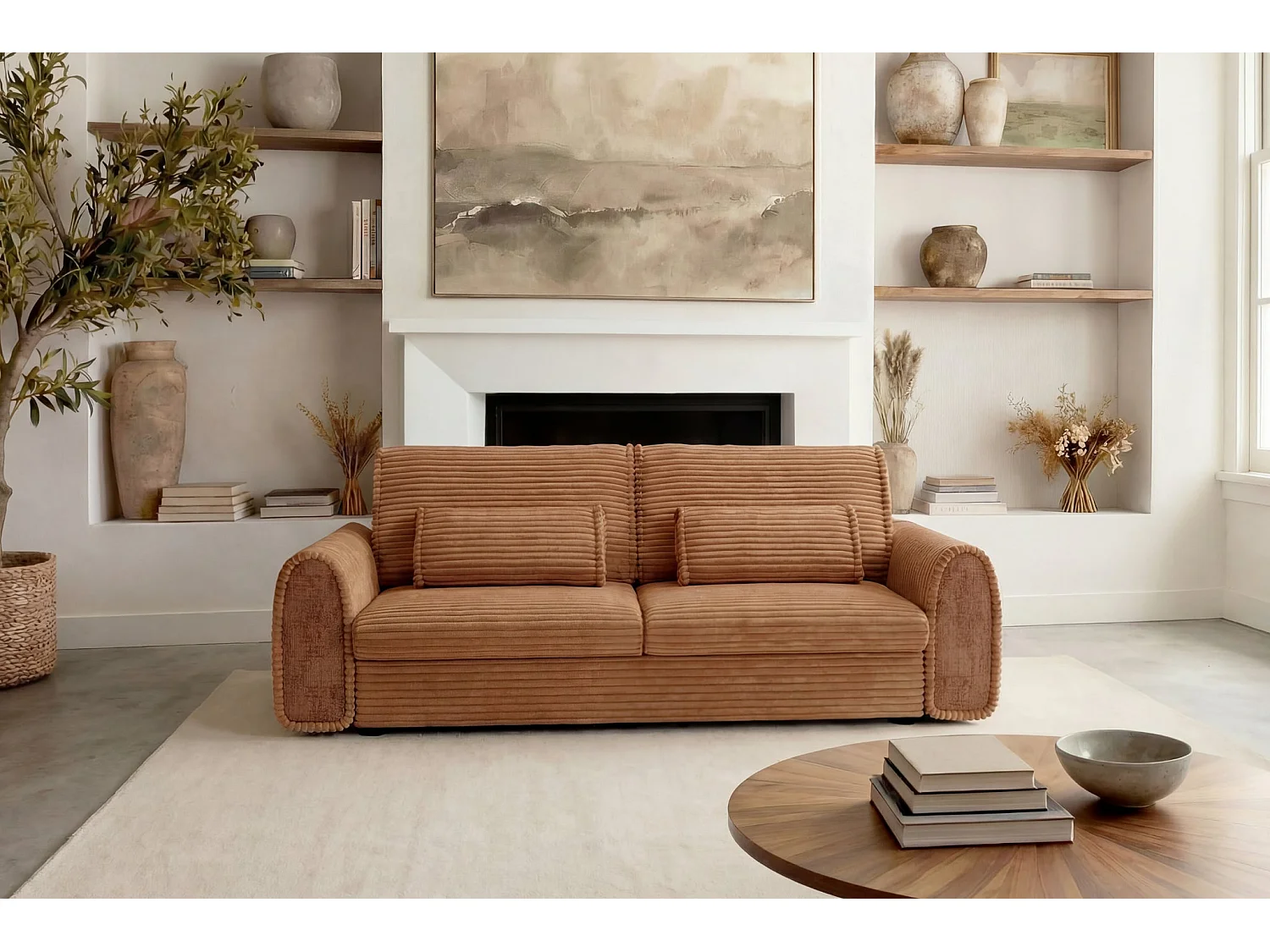 BELLO - Canapé droit convertible bi matière 2 places Terracotta