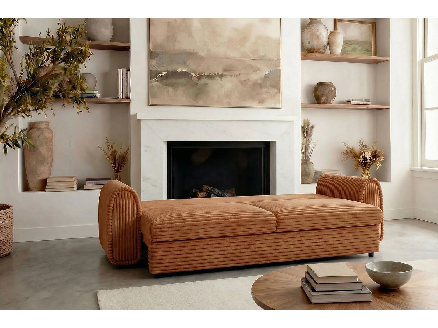 BELLO - Canapé droit convertible bi matière 2 places Terracotta