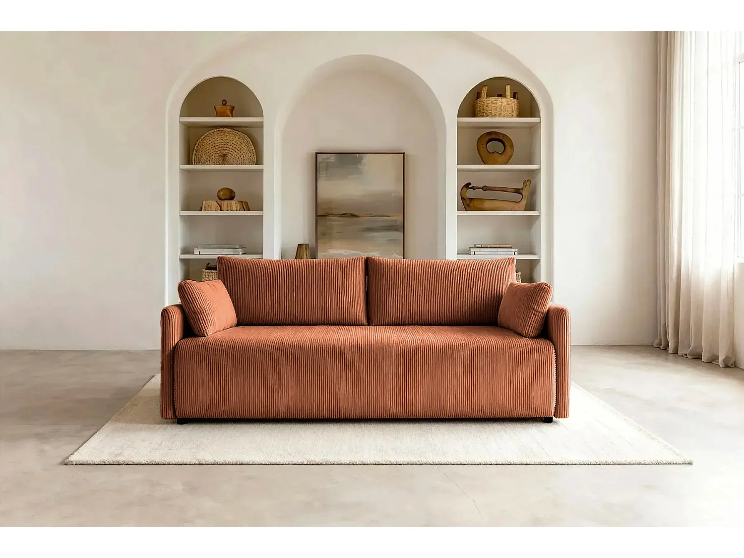AXELLE - Canapé droit convertible velours côtelé 2 places Terracotta
