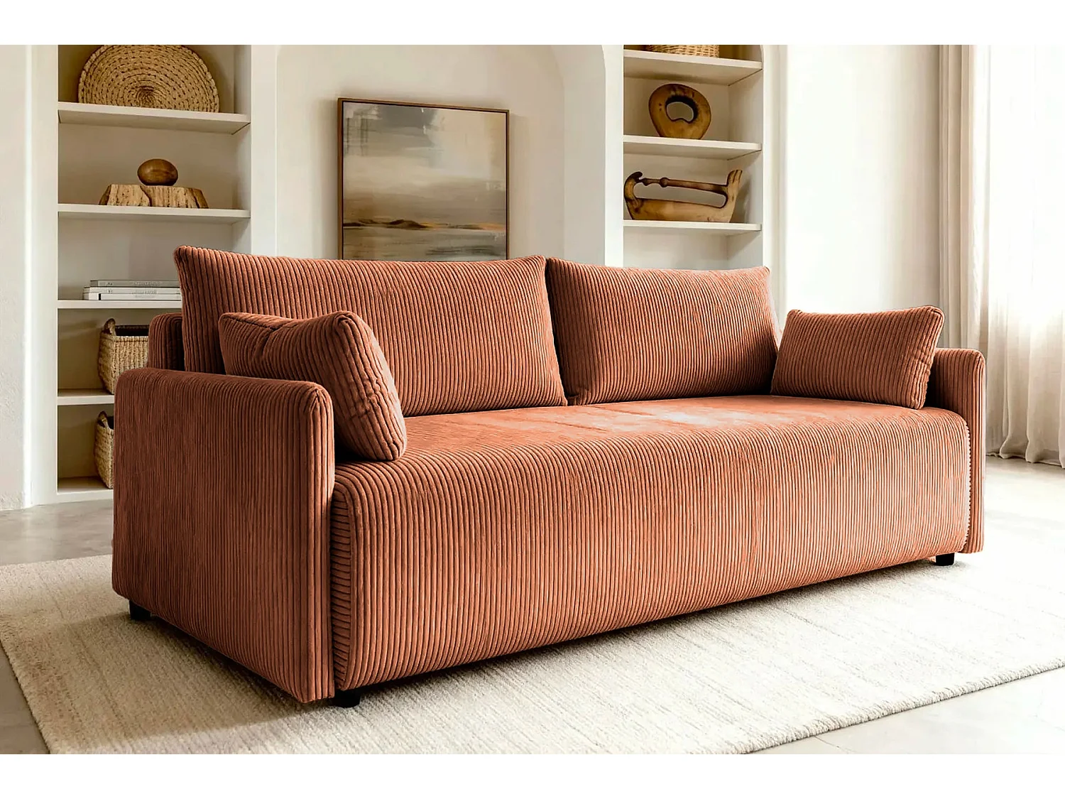 AXELLE - Canapé droit convertible velours côtelé 2 places Terracotta