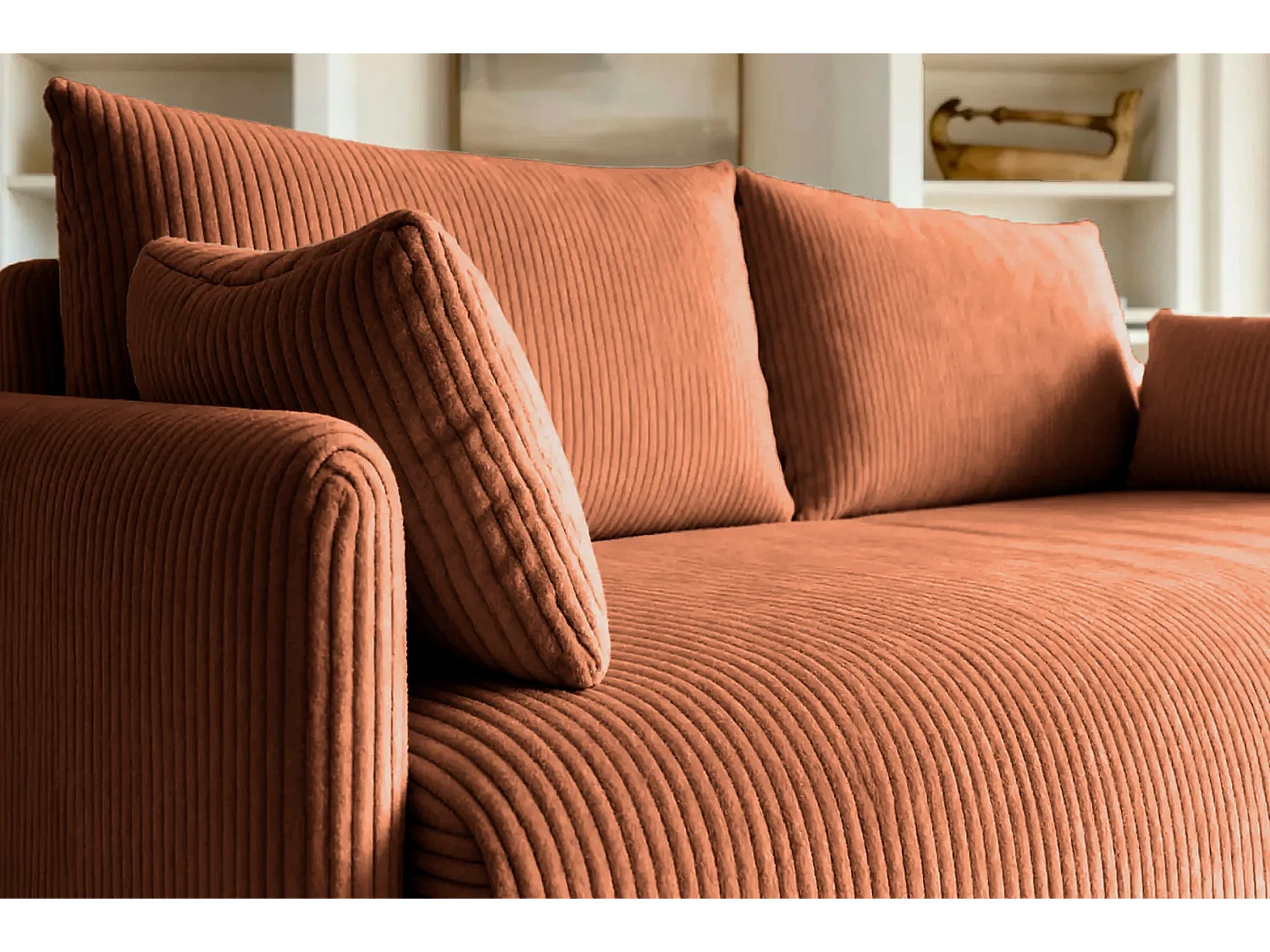 AXELLE - Canapé droit convertible velours côtelé 2 places Terracotta
