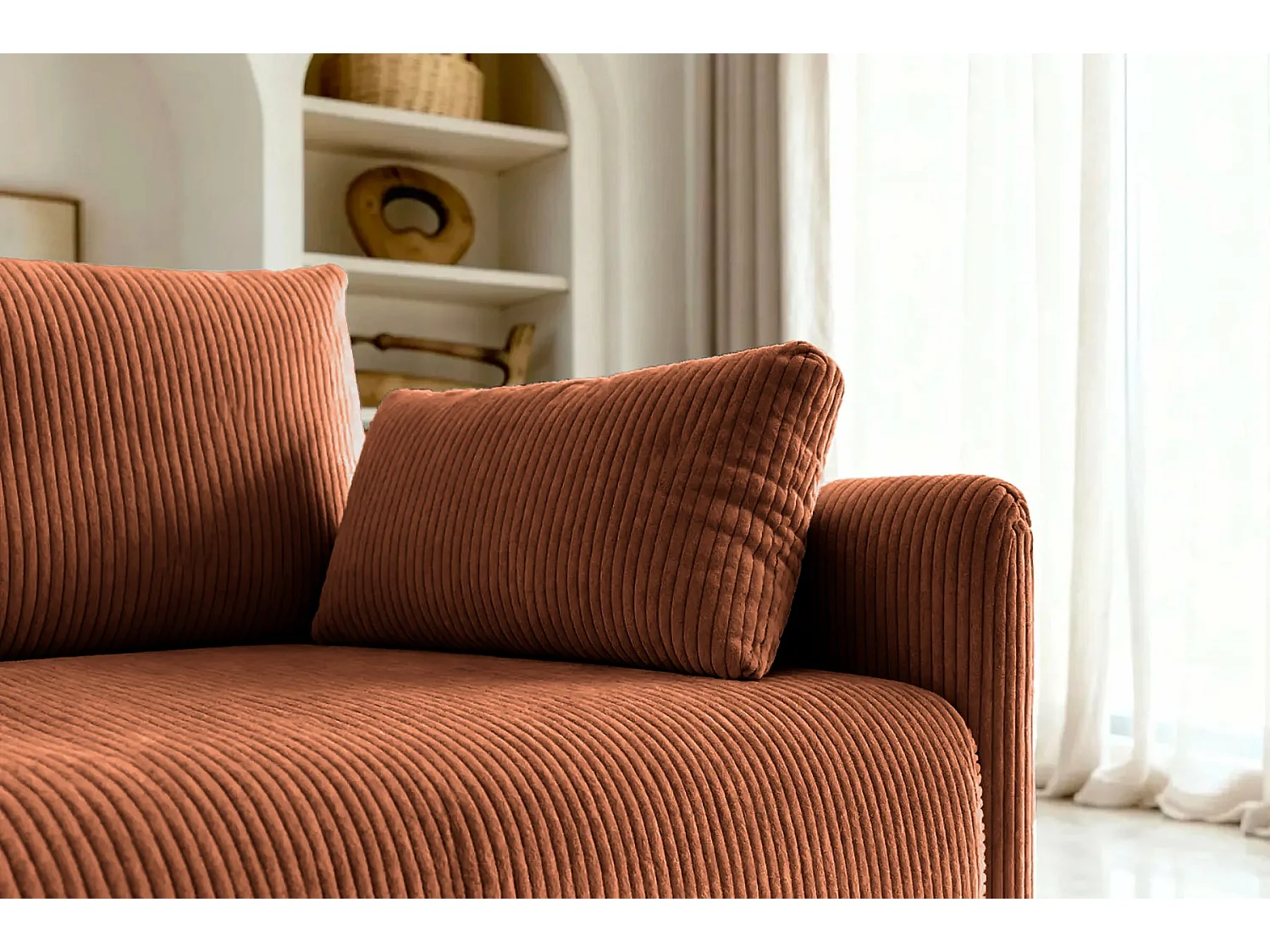 AXELLE - Canapé droit convertible velours côtelé 2 places Terracotta