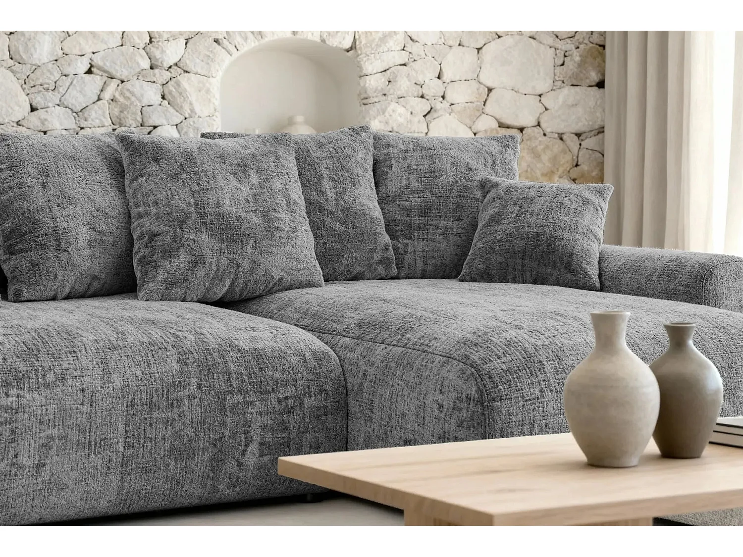 OLI - Canapé d'angle convertible tissu chenille 4 places Gris foncé
