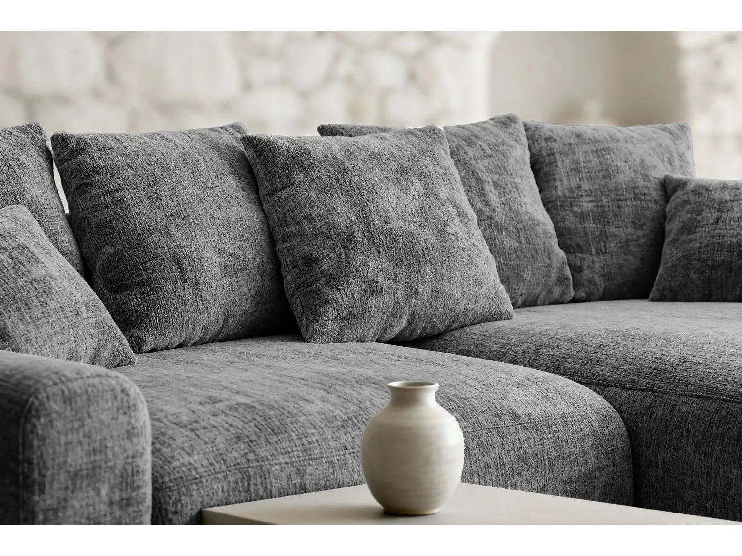 OLI - Canapé d'angle convertible tissu chenille 4 places Gris foncé