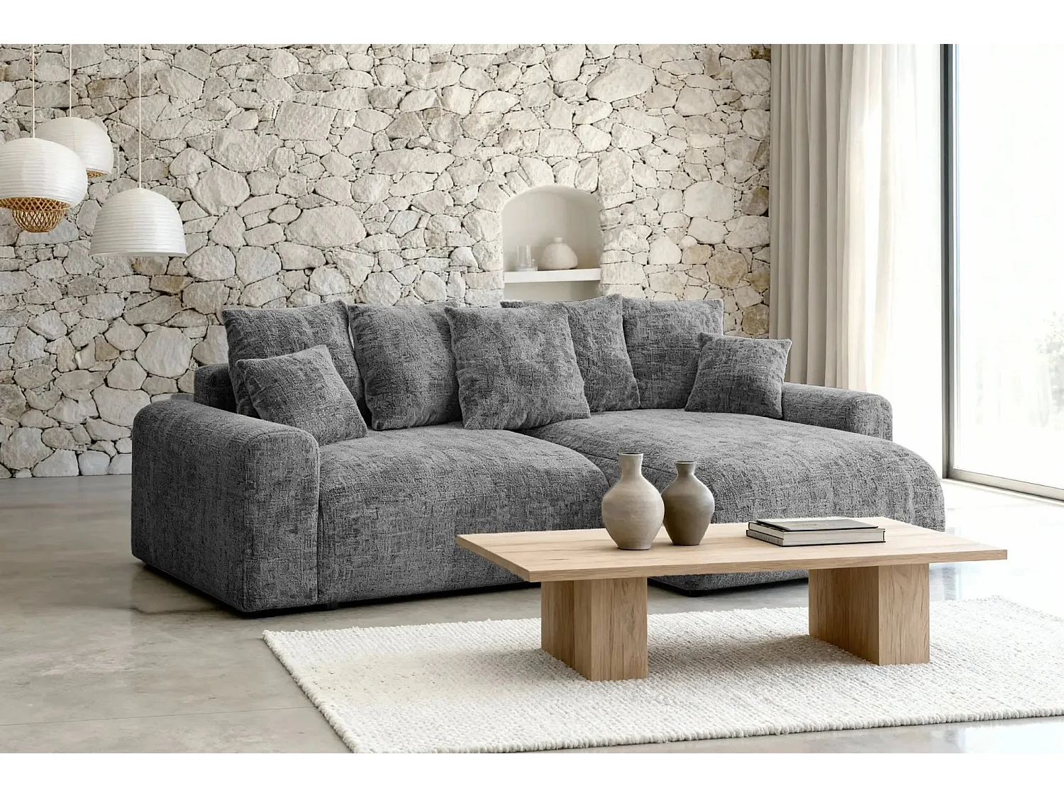 OLI - Canapé d'angle convertible tissu chenille 4 places Gris foncé