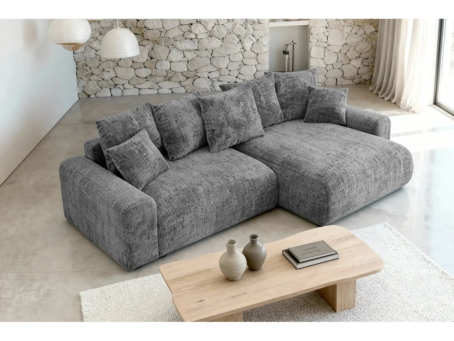 OLI - Canapé d'angle convertible tissu chenille 4 places Gris foncé