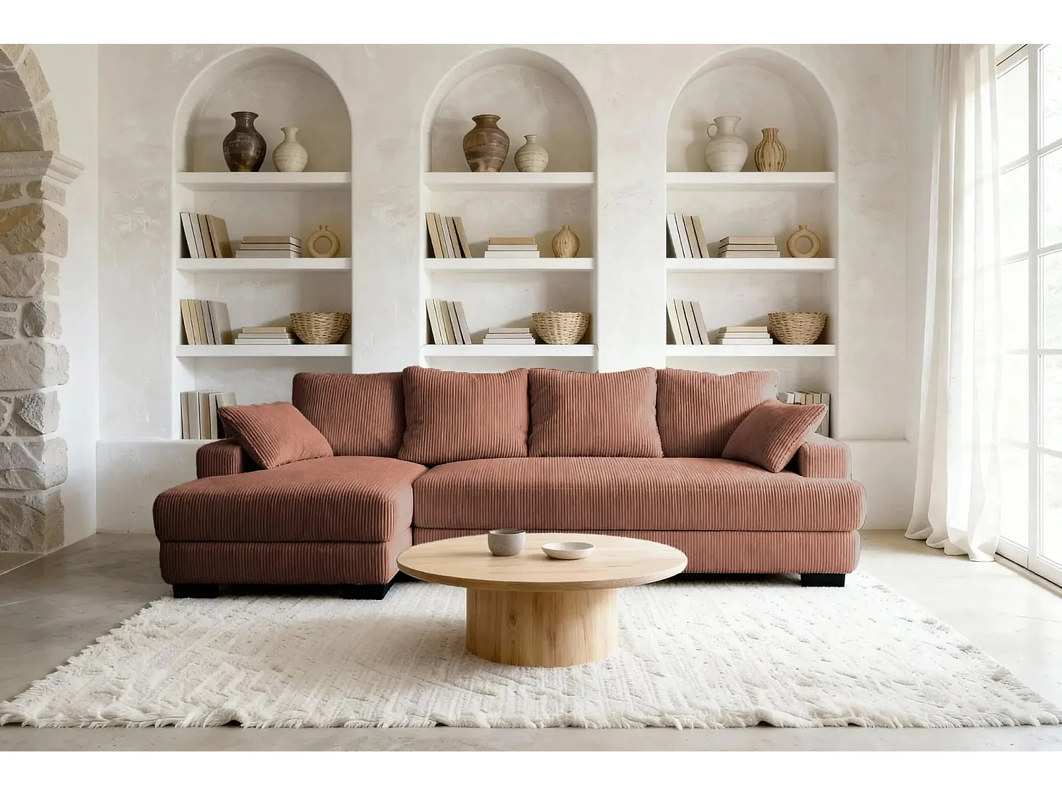FAUSTINE - 4 zits corduroy hoekbank - Links - Terracotta